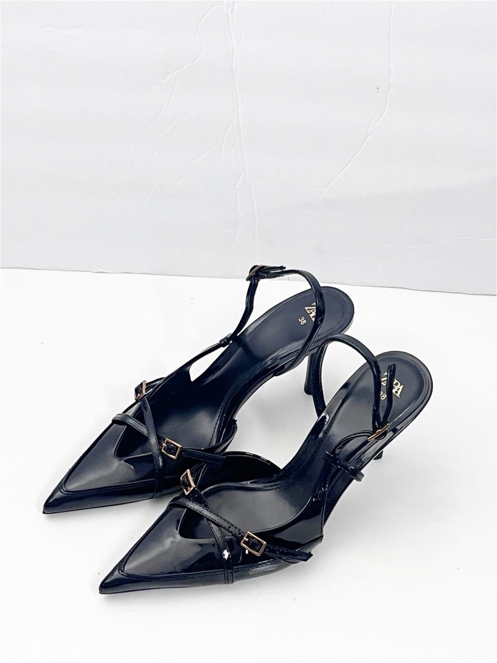 ZARA Black Patent Leather Strappy Pointy Toe Slingback Heels Size 38 Classic - Picture 6 of 11